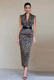 Brown Leopard Sheath V-Neck Work Dress With Belt