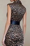 Brown Leopard Sheath V-Neck Work Dress With Belt