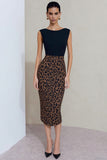 Black and Brown Leopard Bateau Neck Pencil Midi Work Dress With Slit