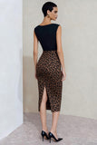 Black and Brown Leopard Bateau Neck Pencil Midi Work Dress With Slit