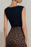 Black and Brown Leopard Bateau Neck Pencil Midi Work Dress With Slit