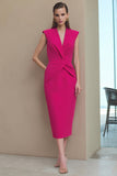Fuchsia Ruched V-Neck Sheath Midi Work Dress