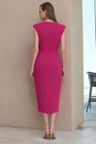 Fuchsia Ruched V-Neck Sheath Midi Work Dress