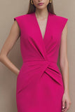 Fuchsia Ruched V-Neck Sheath Midi Work Dress