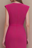 Fuchsia Ruched V-Neck Sheath Midi Work Dress