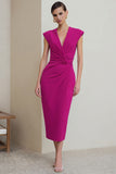 Fuchsia V-Neck Ruched Pencil Midi Work Dress With Cap Sleeves
