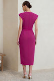 Fuchsia V-Neck Ruched Pencil Midi Work Dress With Cap Sleeves