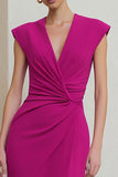 Fuchsia V-Neck Ruched Pencil Midi Work Dress With Cap Sleeves