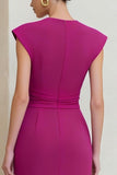 Fuchsia V-Neck Ruched Pencil Midi Work Dress With Cap Sleeves