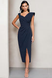 Navy Ruched Sheath Asymmetrical Midi Work Dress With Slit