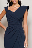 Navy Ruched Sheath Asymmetrical Midi Work Dress With Slit