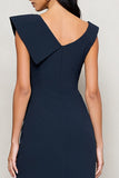 Navy Ruched Sheath Asymmetrical Midi Work Dress With Slit