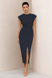 Simple Navy Cap Sleeve Sheath Midi Work Dress With Slit