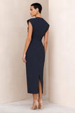 Simple Navy Cap Sleeve Sheath Midi Work Dress With Slit