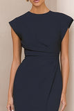 Simple Navy Cap Sleeve Sheath Midi Work Dress With Slit