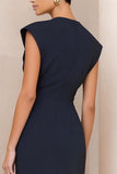 Simple Navy Cap Sleeve Sheath Midi Work Dress With Slit