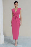 Hot Pink Ruched V-Neck Sheath Midi Work Dress With Slit