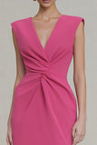 Hot Pink Ruched V-Neck Sheath Midi Work Dress With Slit