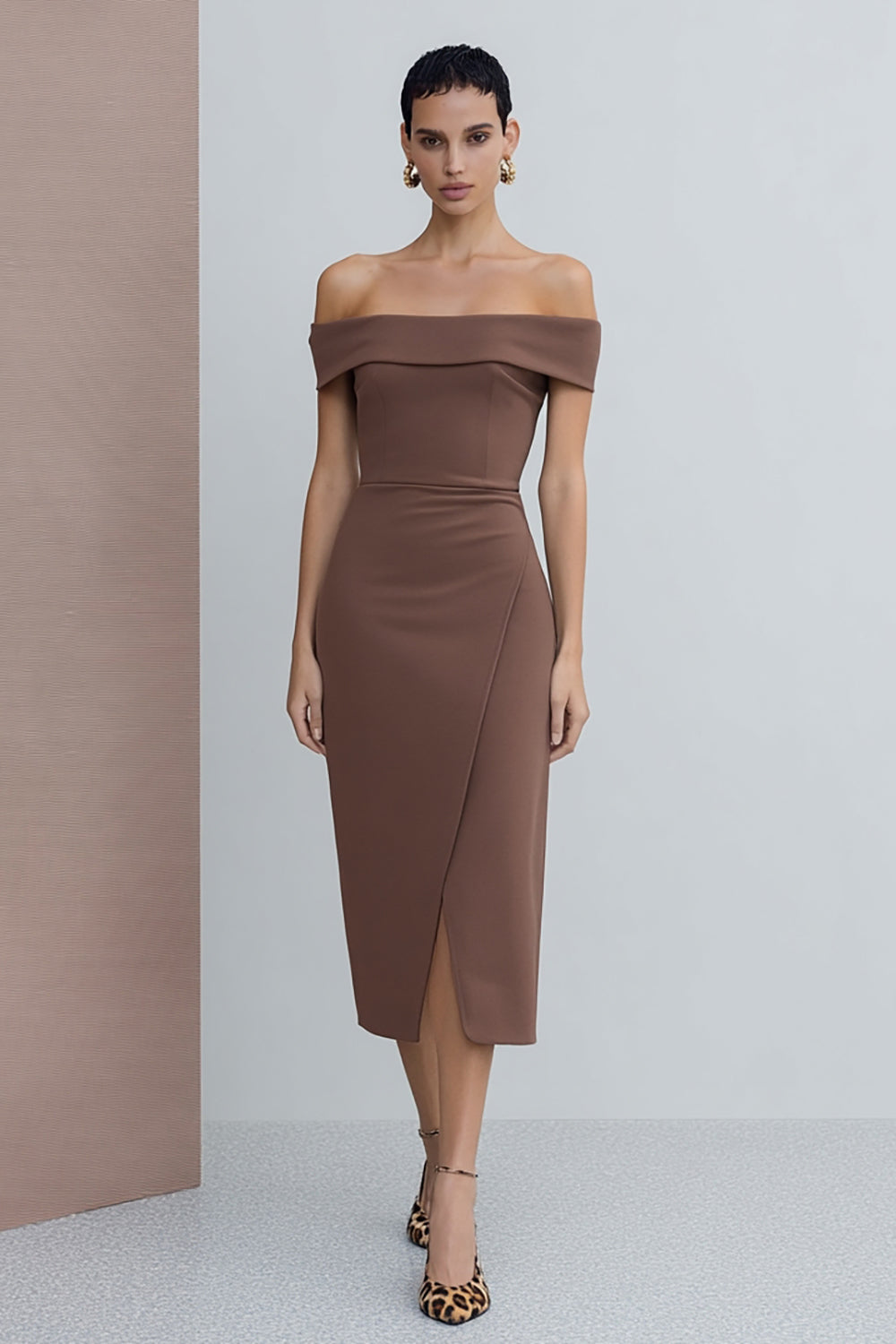WEDTREND Women Off the Shoulder Brown Midi Work Dress Sheath Semi-Formal Dress With Slit – Wedtrend UK