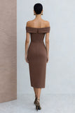 Off the Shoulder Brown Sheath Midi Work Dress With Slit