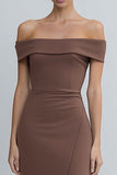 Off the Shoulder Brown Sheath Midi Work Dress With Slit