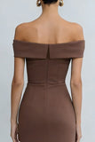 Off the Shoulder Brown Sheath Midi Work Dress With Slit