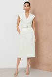 Ivory Sheath V-Neck Midi Work Dress With Belt
