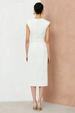Ivory Sheath V-Neck Midi Work Dress With Belt