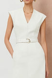 Ivory Sheath V-Neck Midi Work Dress With Belt