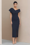 Navy Asymmetrical Ruched Sheath Work Dress With Slit