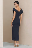 Navy Asymmetrical Ruched Sheath Work Dress With Slit