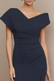 Navy Asymmetrical Ruched Sheath Work Dress With Slit