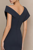 Navy Asymmetrical Ruched Sheath Work Dress With Slit