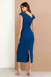 Royal Blue Asymmetrical Ruched Midi Work Dress With Slit
