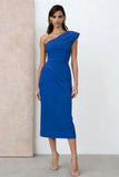 One Shoulder Royal Blue Ruched Sheath Midi Work Dress