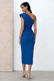 One Shoulder Royal Blue Ruched Sheath Midi Work Dress