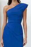 One Shoulder Royal Blue Ruched Sheath Midi Work Dress