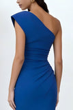 One Shoulder Royal Blue Ruched Sheath Midi Work Dress