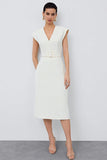 Ivory V-Neck Midi Work Dress With Belt