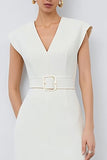 Ivory V-Neck Midi Work Dress With Belt