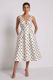 Elegant White Black Polka Dot A Line V-Neck Midi Dress