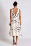 Elegant White Black Polka Dot A Line V-Neck Midi Dress