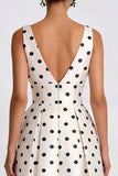 Elegant White Black Polka Dot A Line V-Neck Midi Dress