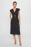 White Black Polka Dot V-Neck Sheath Midi Work Dress With Belt