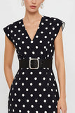 White Black Polka Dot V-Neck Sheath Midi Work Dress With Belt