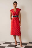 White Black Polka Dot V-Neck Sheath Midi Work Dress With Belt