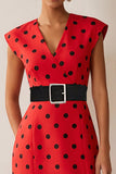 White Black Polka Dot V-Neck Sheath Midi Work Dress With Belt