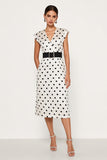 White Black Polka Dot V-Neck Sheath Midi Work Dress With Belt