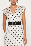 White Black Polka Dot V-Neck Sheath Midi Work Dress With Belt
