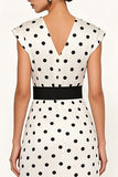 White Black Polka Dot V-Neck Sheath Midi Work Dress With Belt